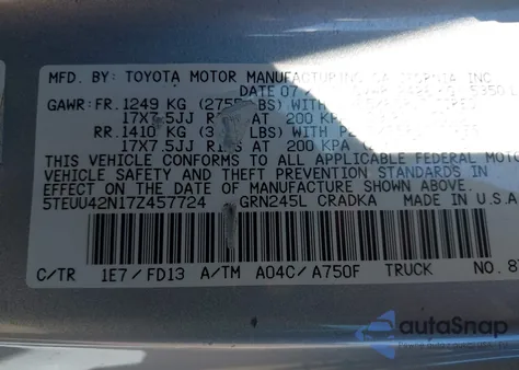 2007 Toyota Tacoma Base V6 from USA, damaged, VIN 5TEUU42N17Z457724